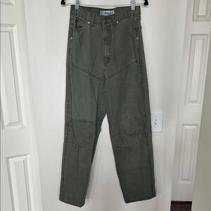 Vintage High Waist Double Knee Streetwear Work Style Cotton Linen Blend Pants 28